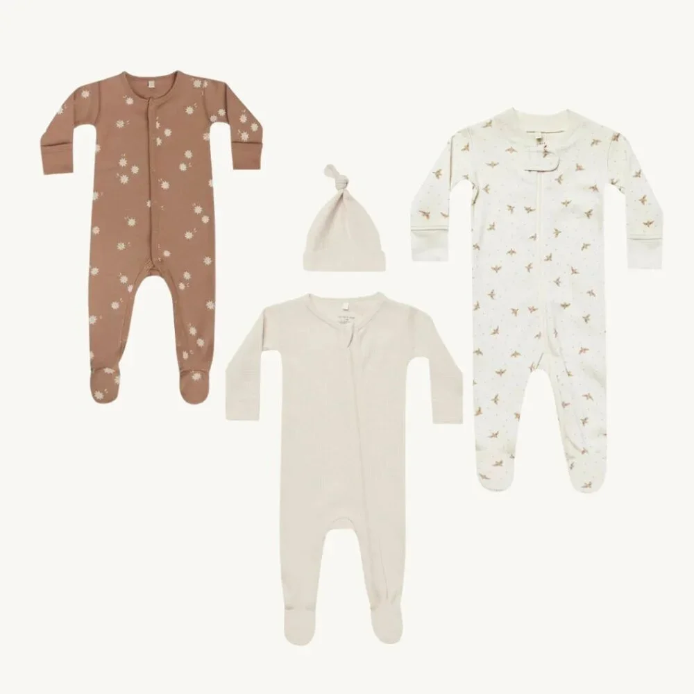 NWT - Quincy Mae neutral organic pajamas and knotted hat set - Picture 1 of 1